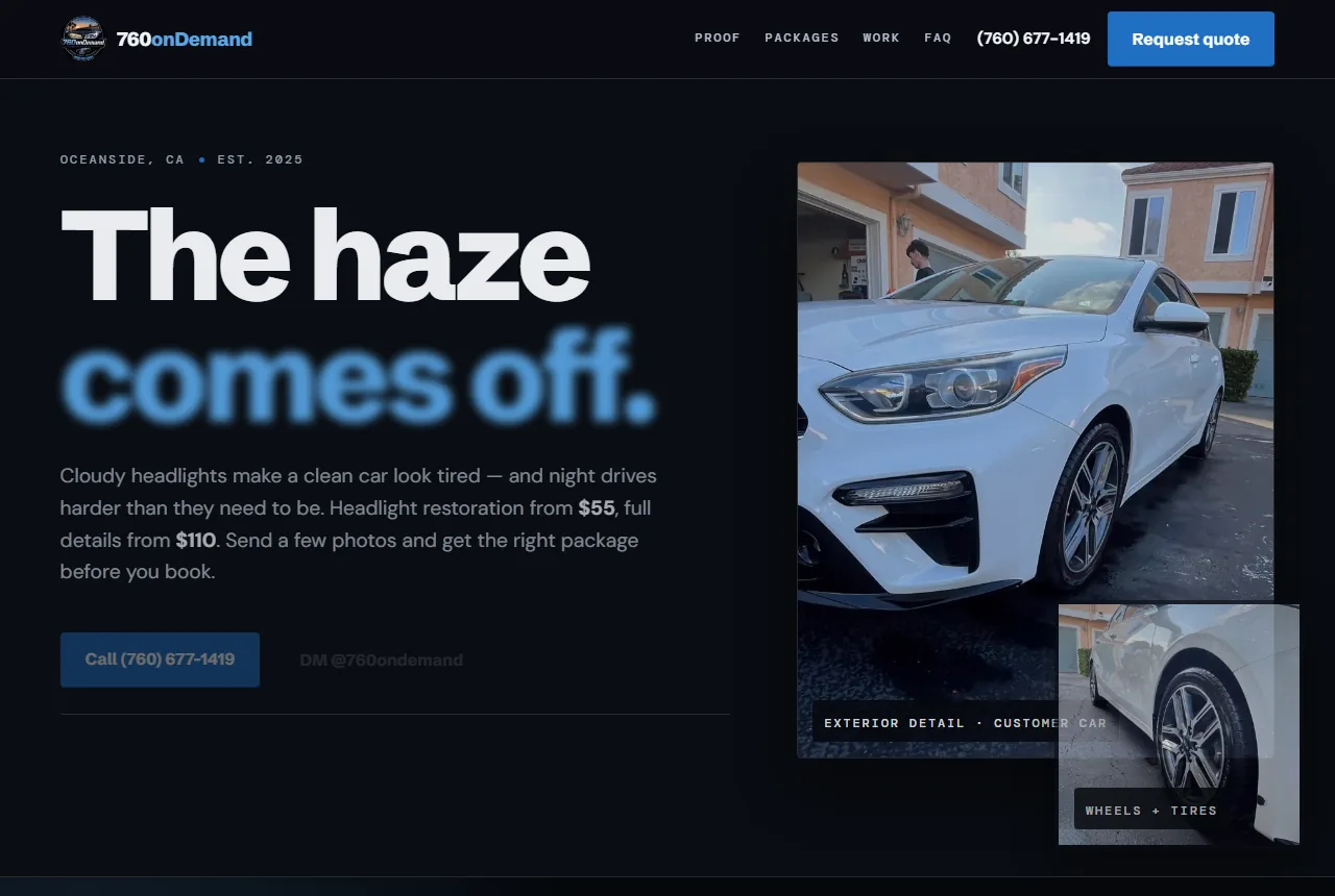 760 On Demand auto detailing and headlight service website